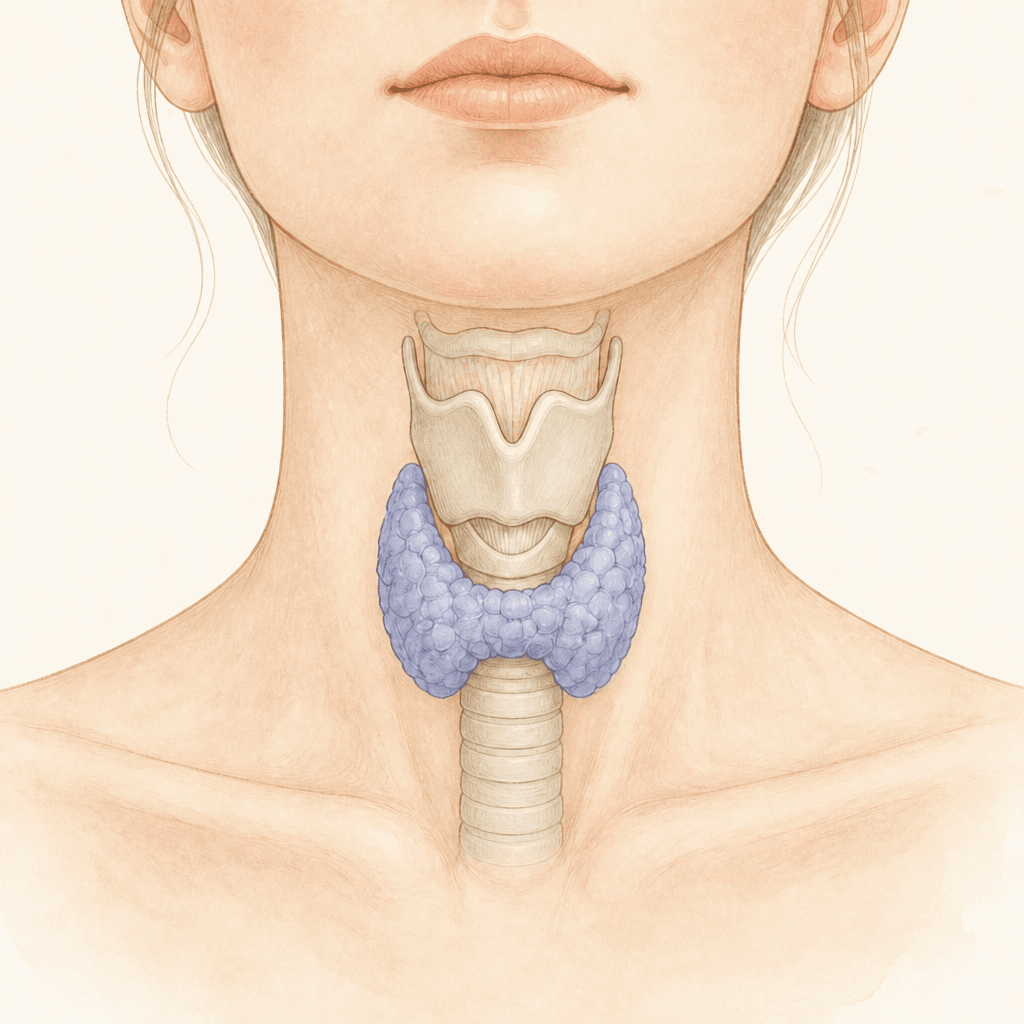 An anatomical illustration of the thyroid gland at the front of the neck in muted blue-violet tones