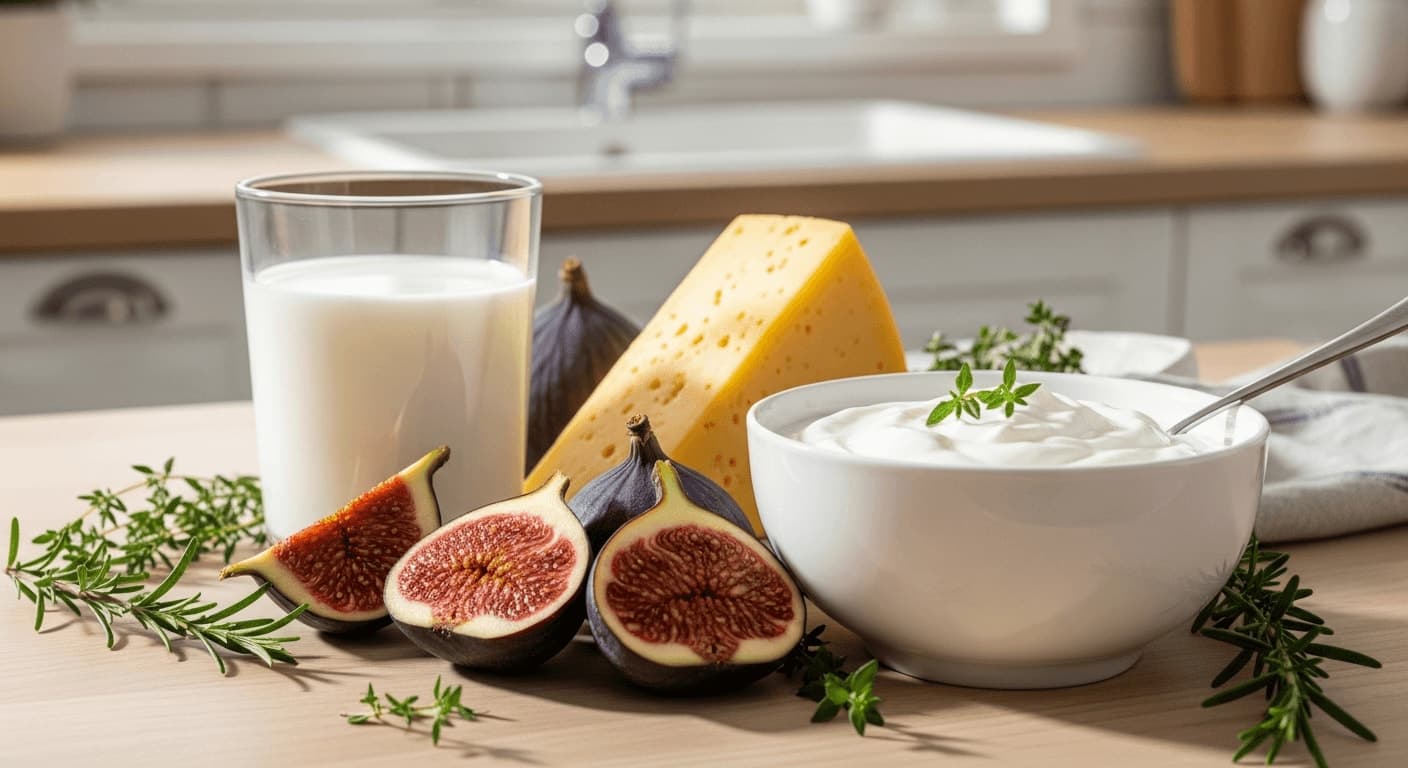 Calcium-rich foods: glass of milk, yogurt and almonds